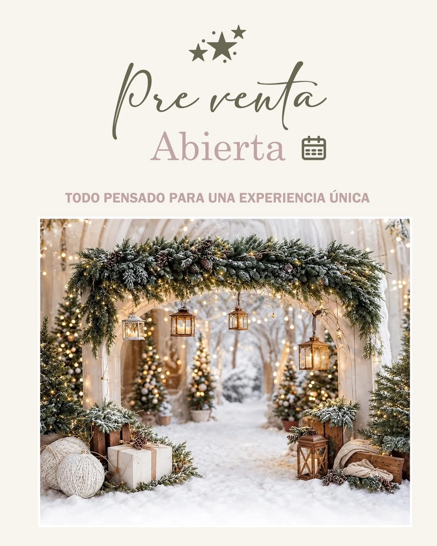 Preventa abierta para las sesiones navideñas, con arco de pinos y faroles