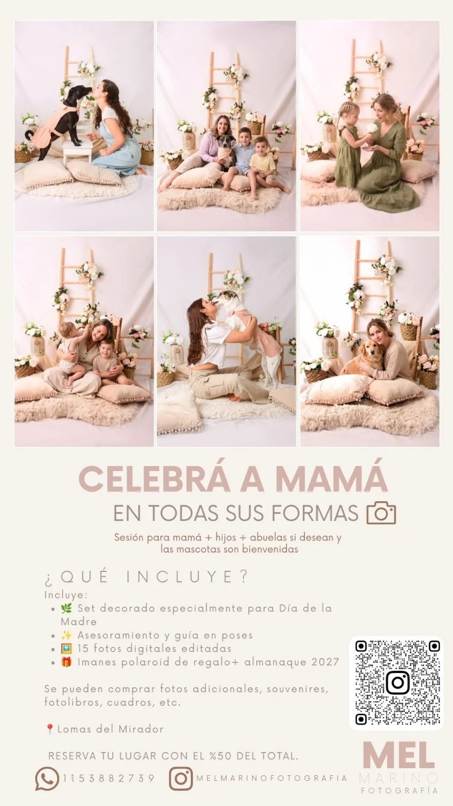 Afiche de la sesión especial del Día de la Madre, con retratos de mamás, hijos, abuelas y mascotas